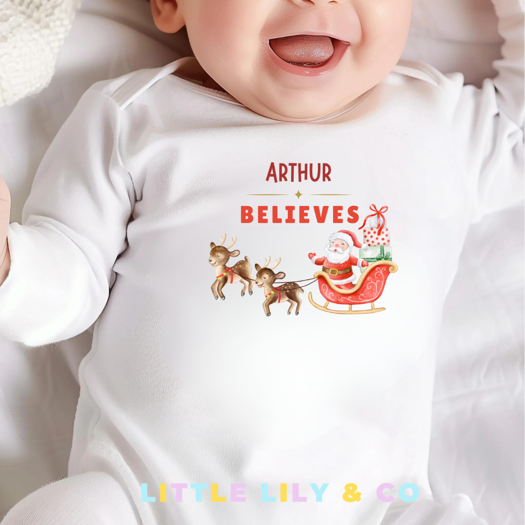 Personalised Baby's Christmas I Believe White Sleepsuit
