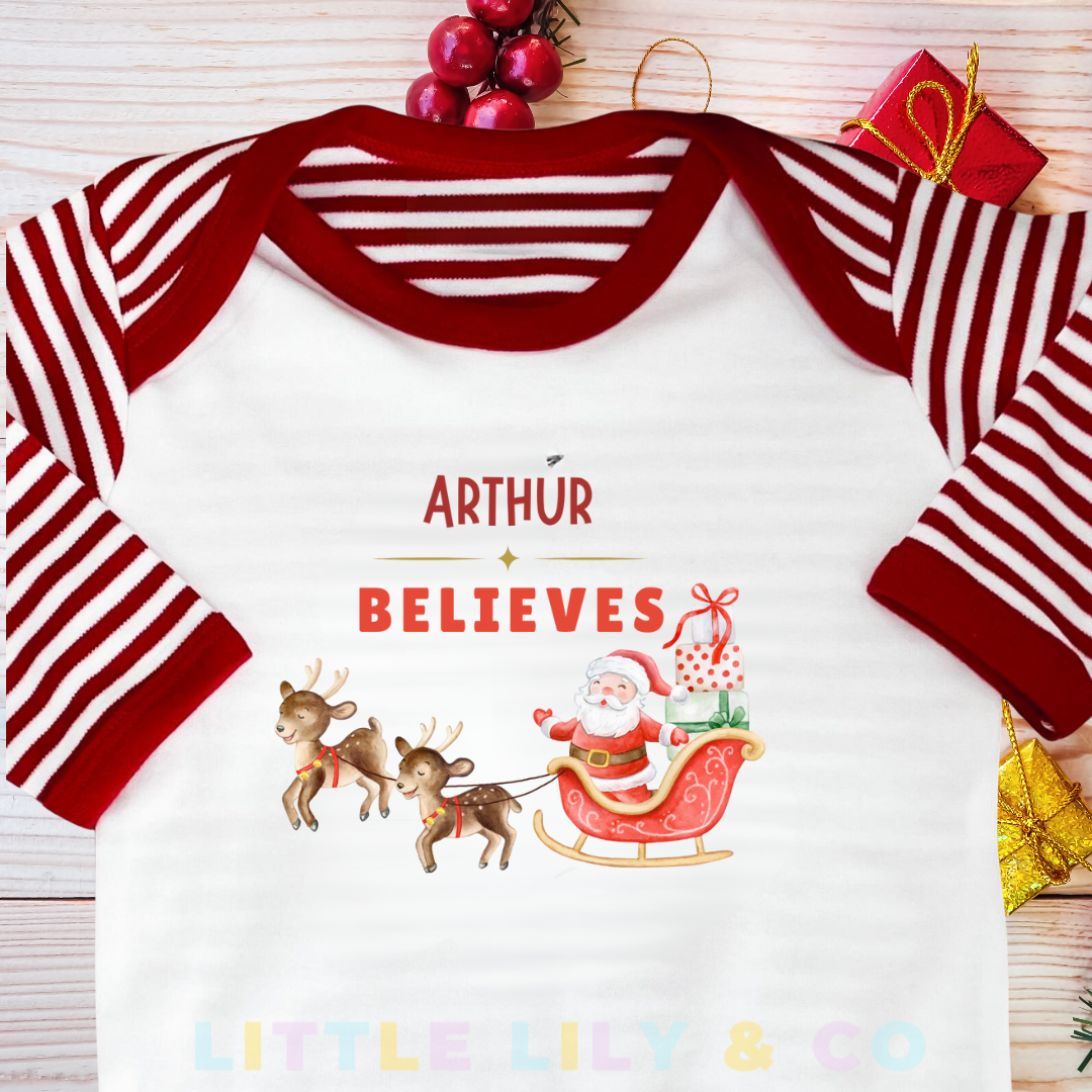 Personalised Christmas Baby's I Believe Sleepsuit Red Striped