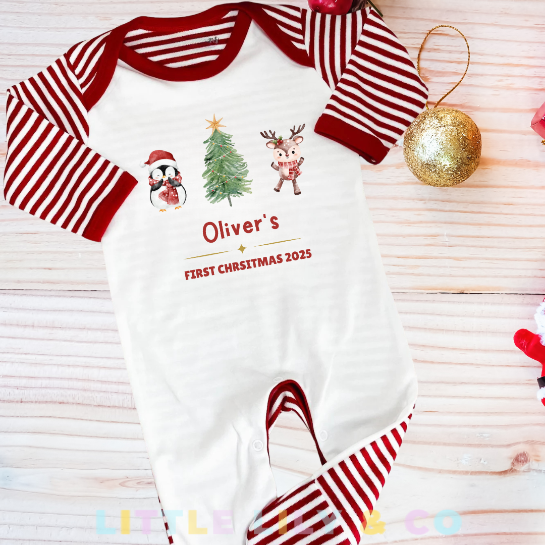 Personalised Baby's First Christmas Sleepsuit Red Striped