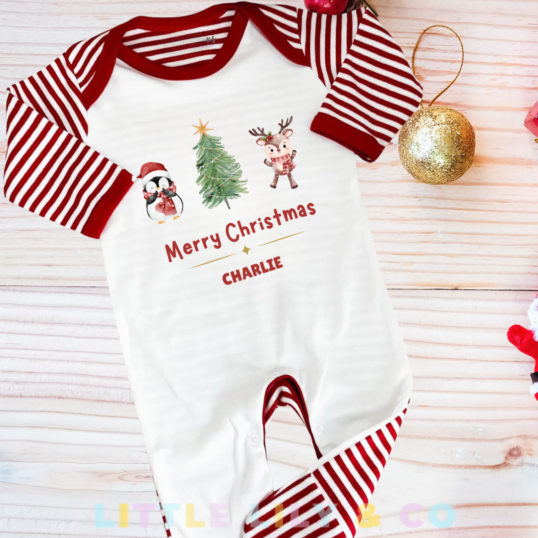 Personalised Baby's Merry Christmas Sleepsuit Red Striped