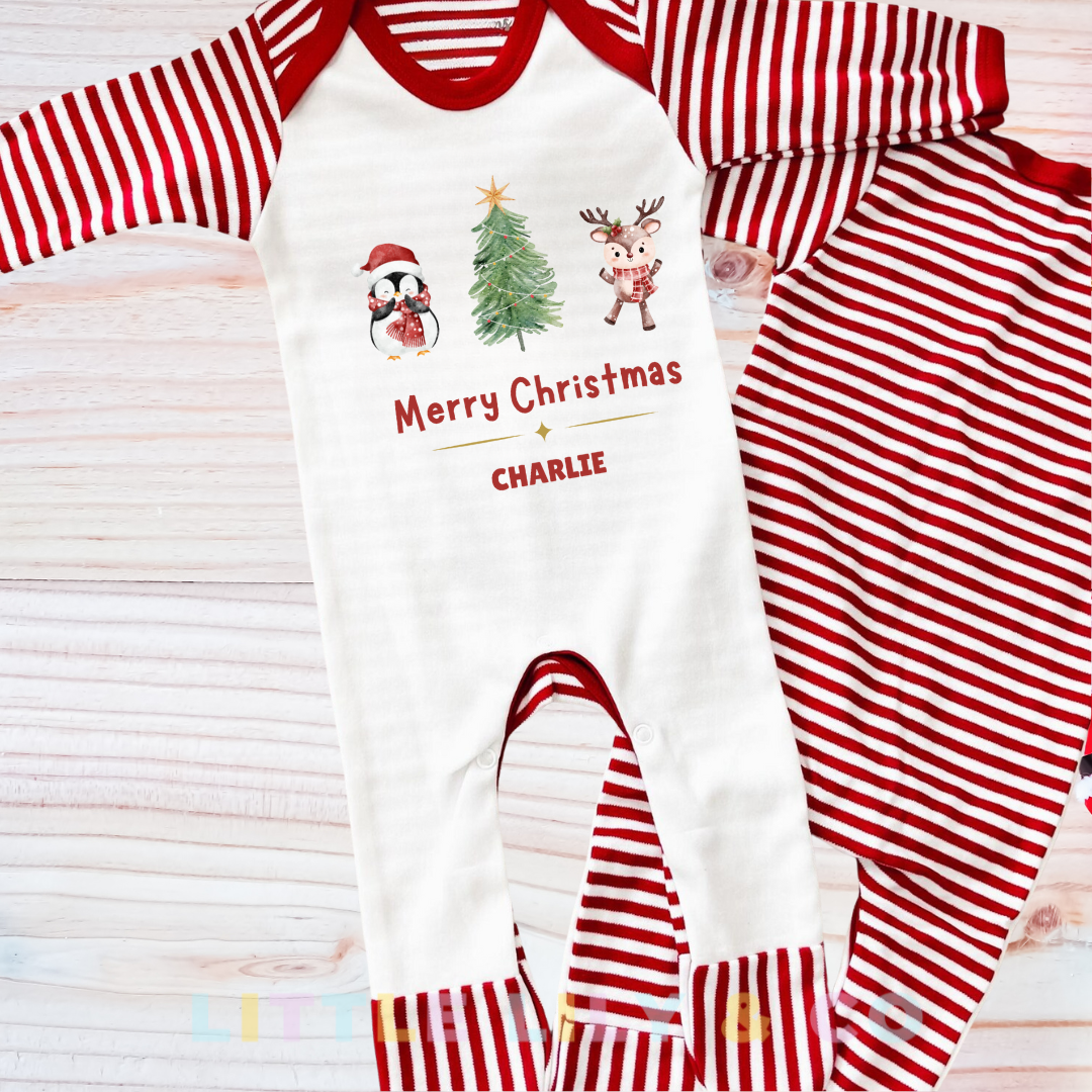 Personalised Baby's Merry Christmas Sleepsuit Red Striped