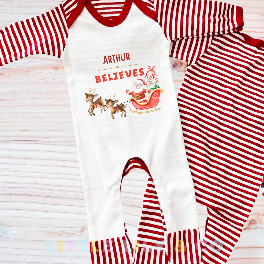 Personalised Christmas Baby's I Believe Sleepsuit Red Striped
