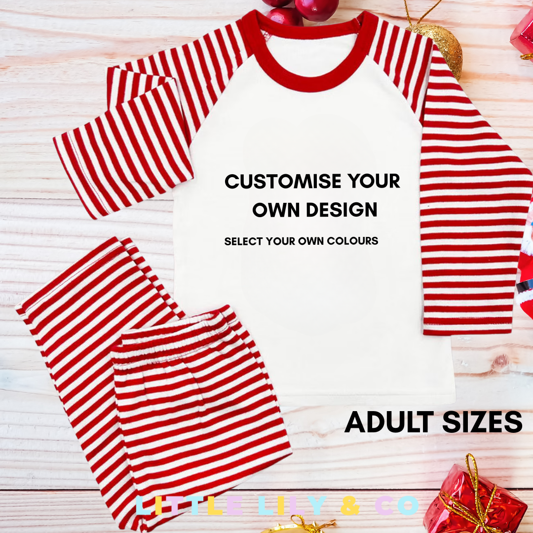 Personalised ADULT Christmas Pyjamas Red Striped Pyjamas - MATCHING FAMILY PYJAMAS