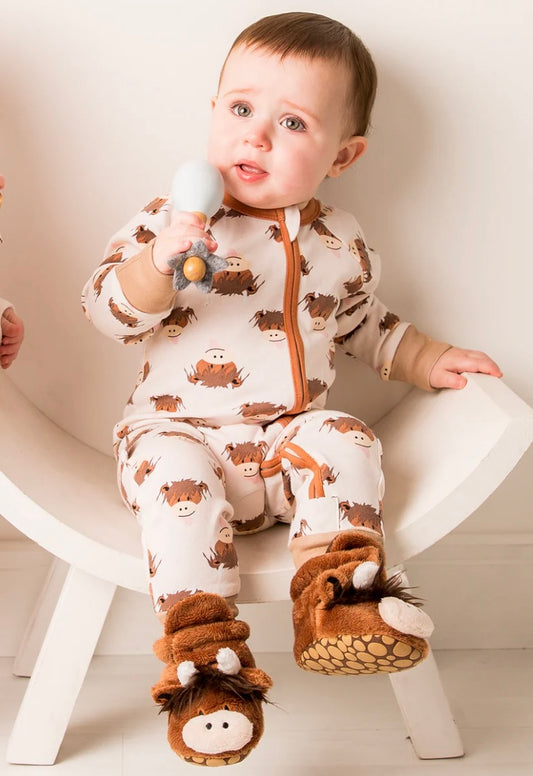 Neutral Highland Cow Zip-Up Romper Jumpsuit