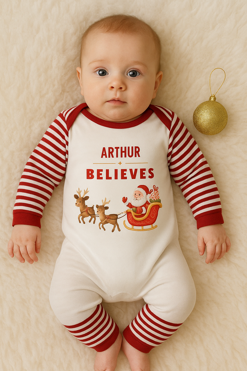 Personalised Christmas Baby's I Believe Sleepsuit Red Striped
