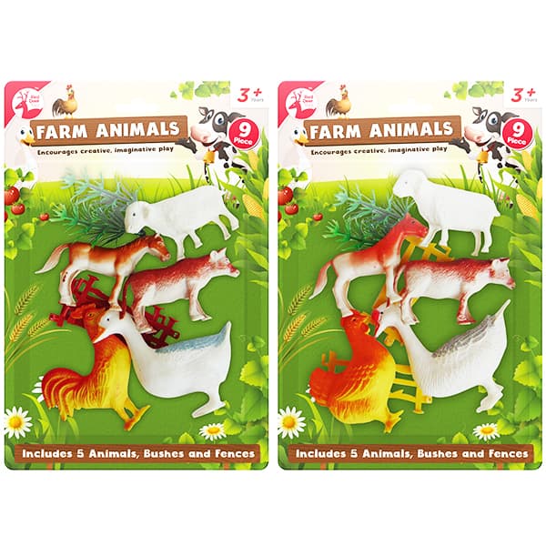 9 Piece Farm Animal Toy Playset with Bushes & Fences for Ages 3 and Up