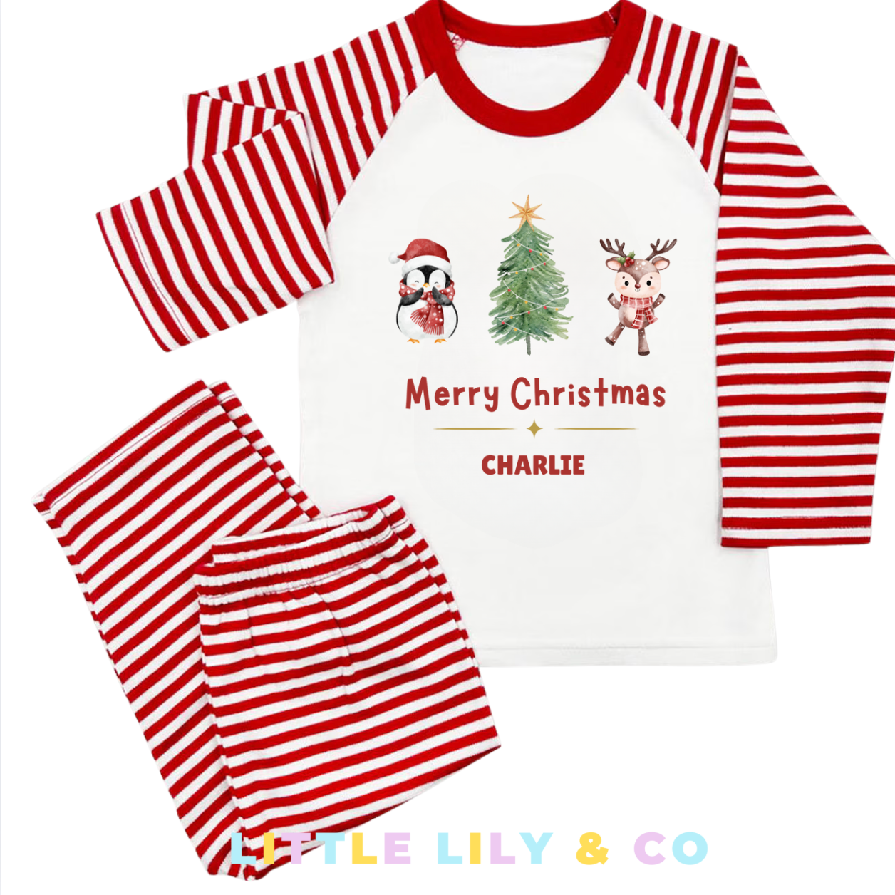 Personalised Merry Christmas Children's Pyjamas Red Striped Pyjamas - MATCHING FAMILY PYJAMAS