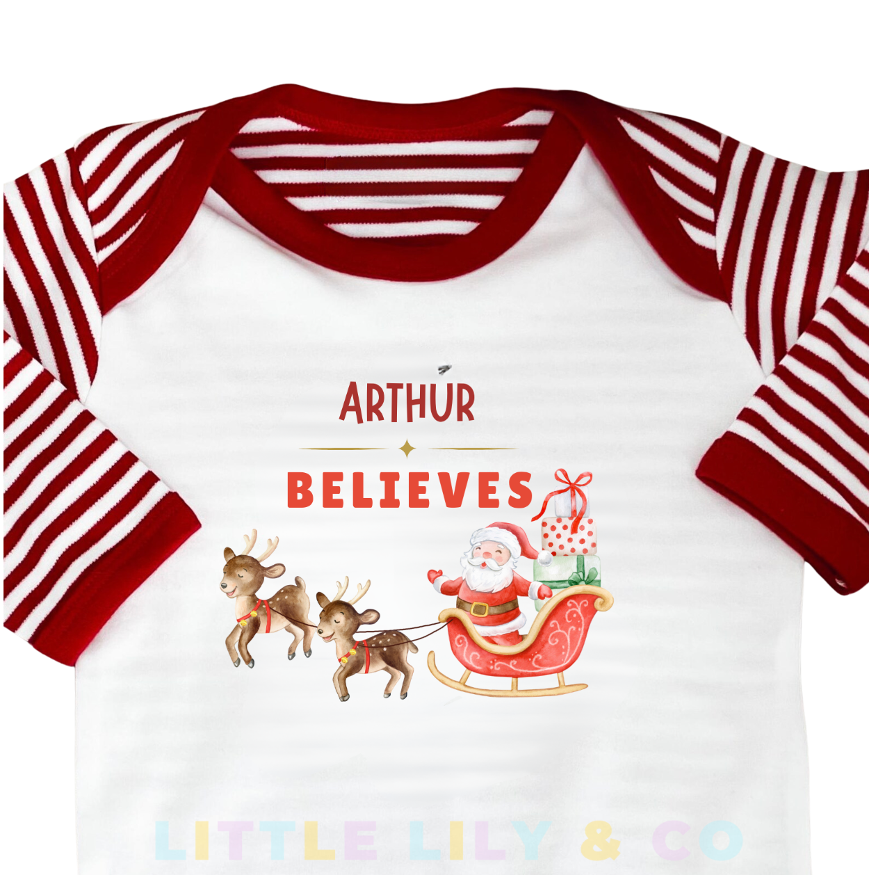 Personalised Christmas Baby's I Believe Sleepsuit Red Striped