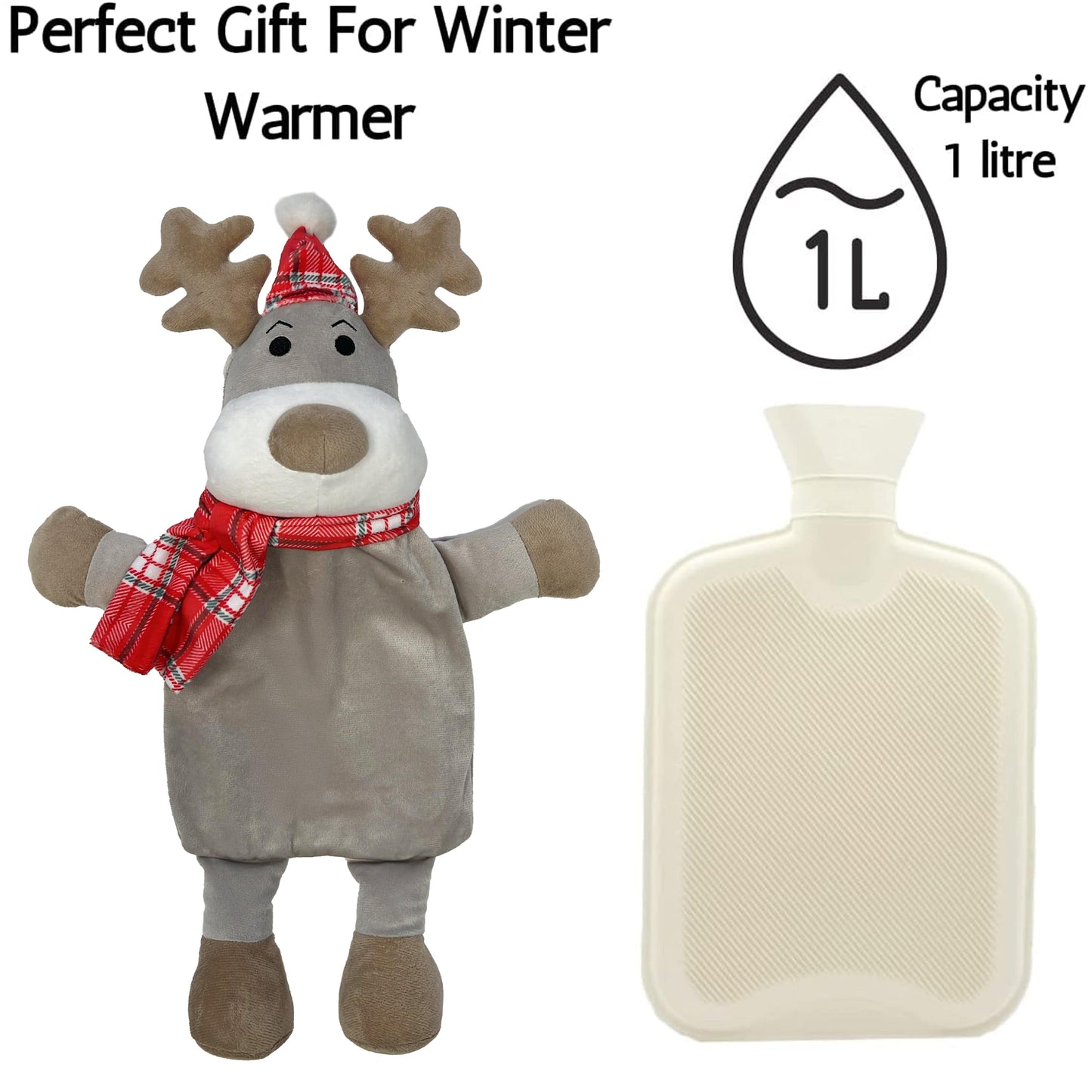 Festive Reindeer Christmas Hot Water Bottle with Cover 1L Natural Rubber UK Safe Tested Ideal Gift for Adults Kids by OLIVIA ROCCO