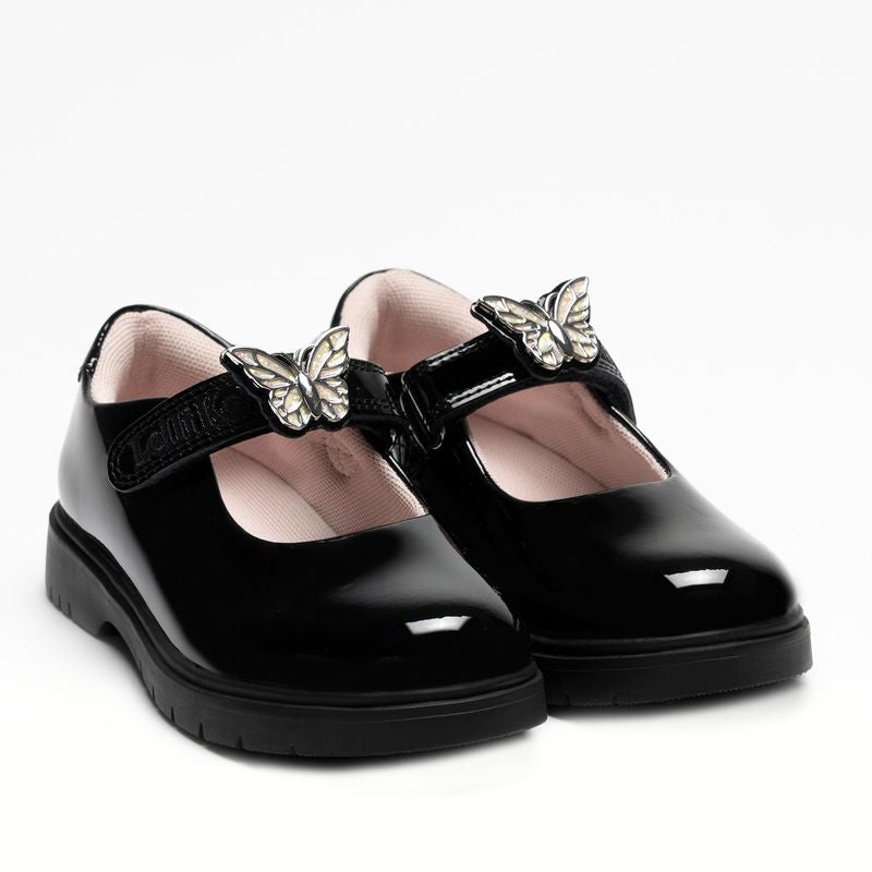 Lelli Kelly Girls Delilah 3  Colour Changing Butterfly Charm Chunky Black Patent School Shoes