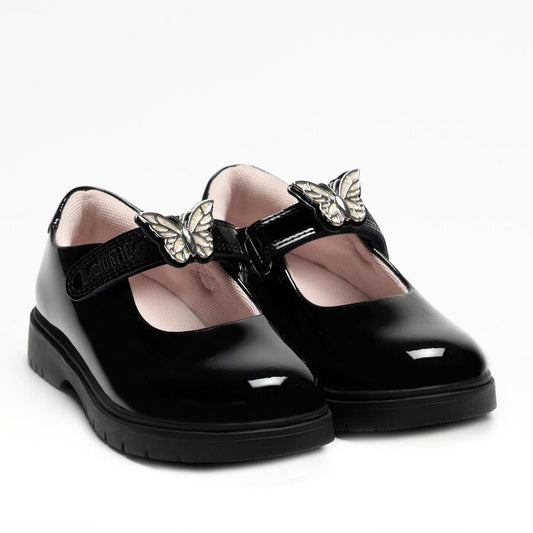 Lelli Kelly Girls Delilah 3  Colour Changing Butterfly Charm Chunky Black Patent School Shoes