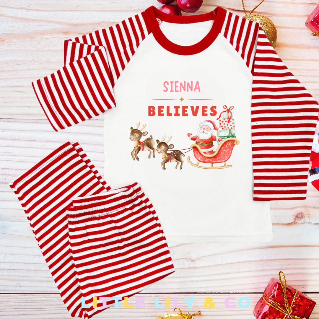 Personalised I believe Christmas Children's Pyjamas Red Striped Pyjamas - MATCHING FAMILY PYJAMAS