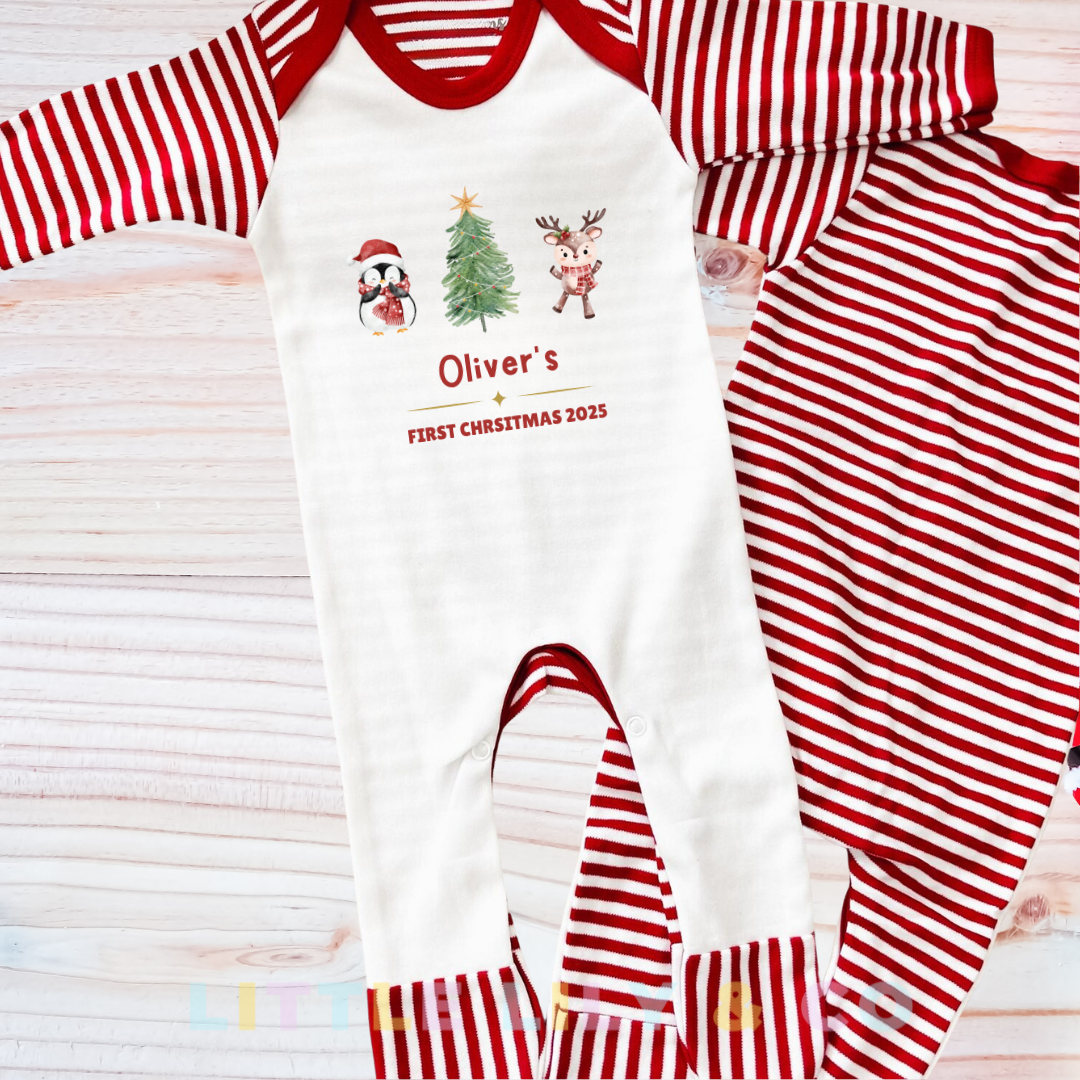 Personalised Baby's First Christmas Sleepsuit Red Striped