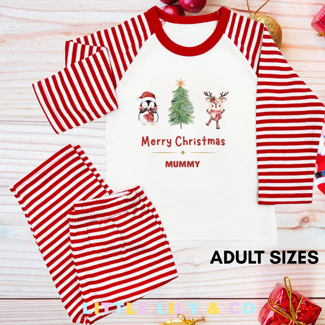 Personalised ADULT Christmas Pyjamas Red Striped Pyjamas - MATCHING FAMILY PYJAMAS