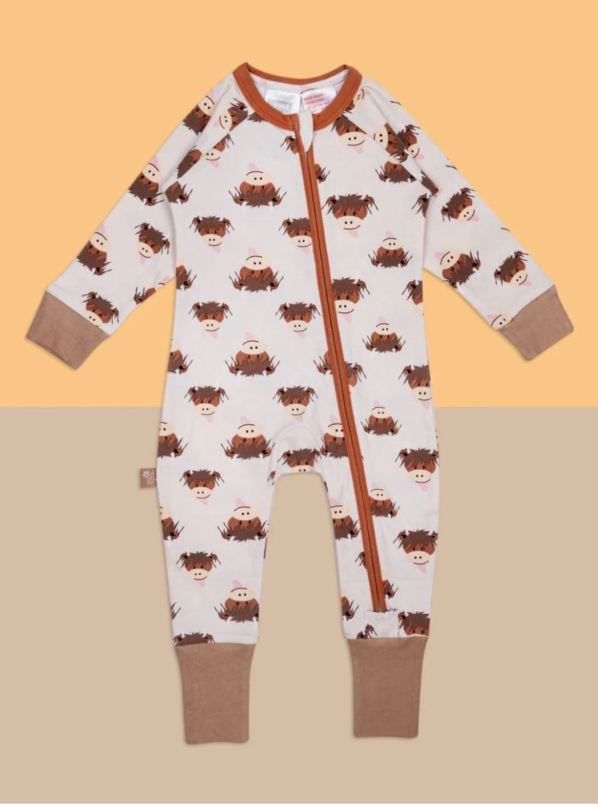 Neutral Highland Cow Zip-Up Romper Jumpsuit