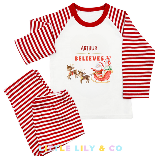 Personalised I believe Christmas Children's Pyjamas Red Striped Pyjamas - MATCHING FAMILY PYJAMAS