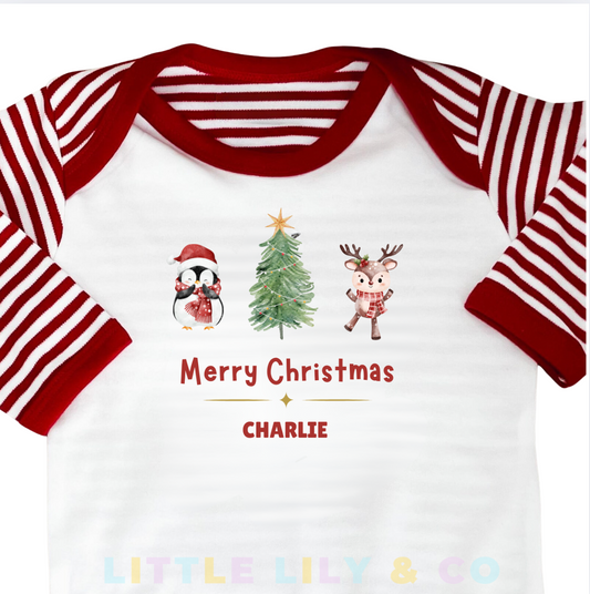 Personalised Baby's Merry Christmas Sleepsuit Red Striped