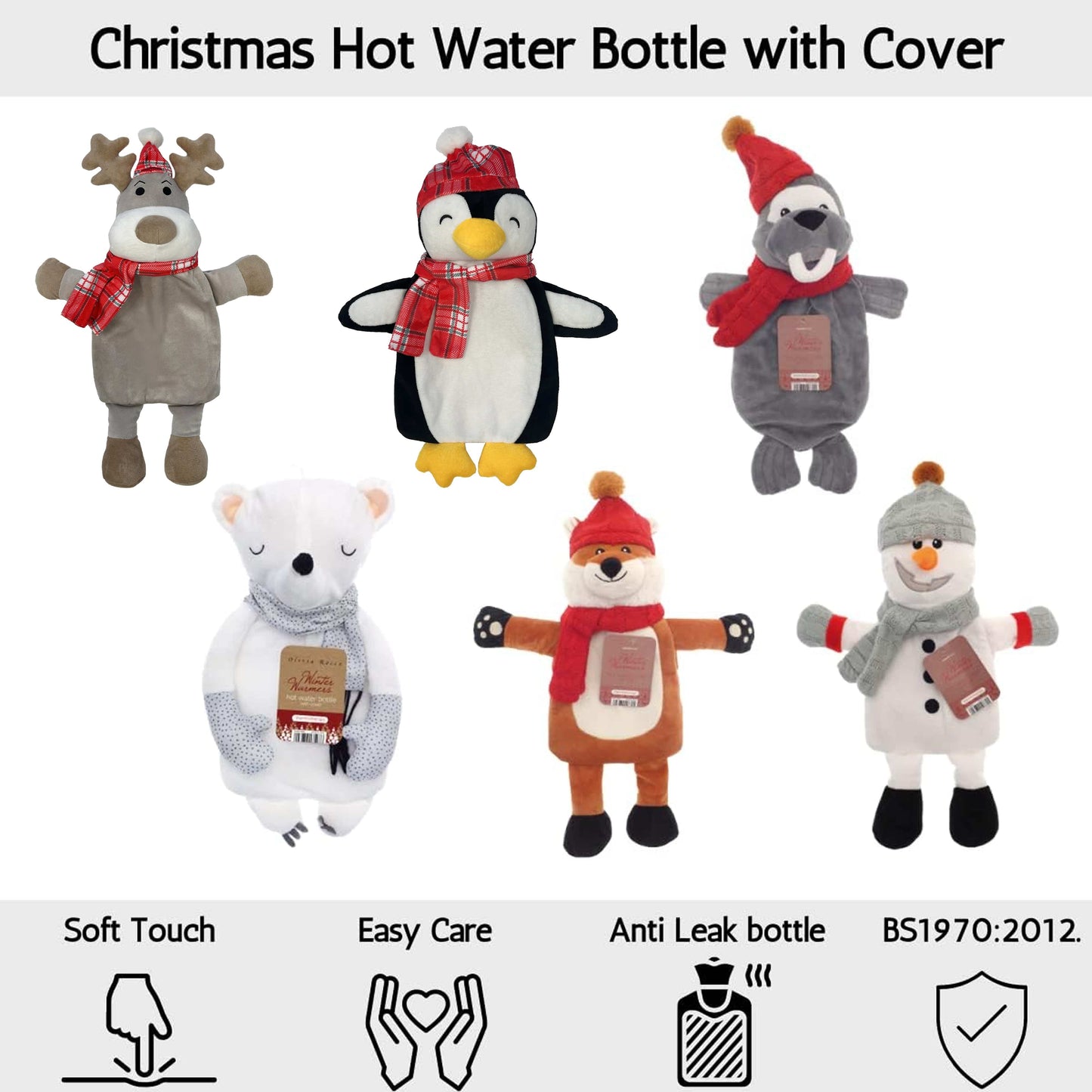 Festive Reindeer Christmas Hot Water Bottle with Cover 1L Natural Rubber UK Safe Tested Ideal Gift for Adults Kids by OLIVIA ROCCO