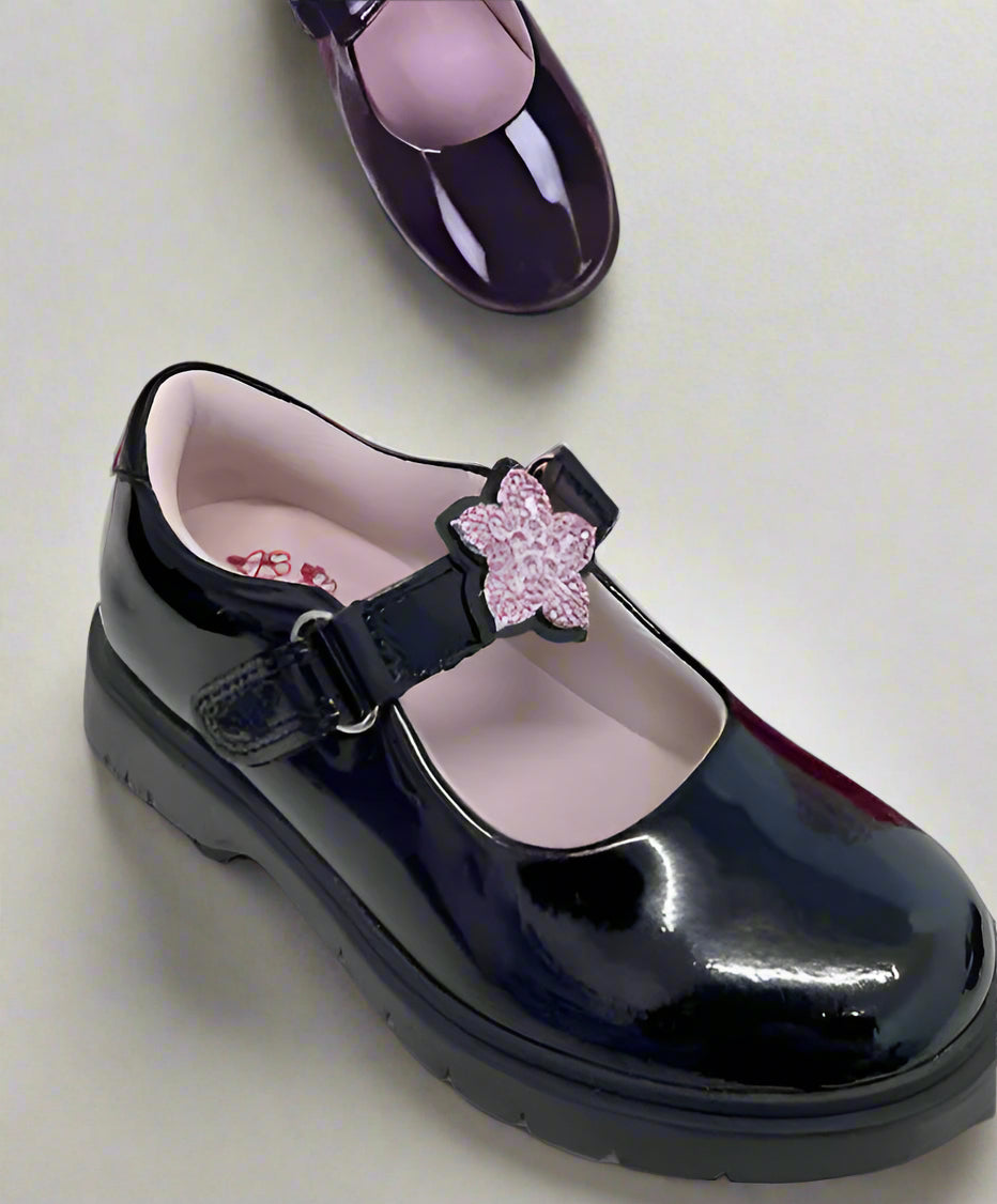 Lelli Kelly Girls DAISY Interchangeable Straps Pink Flower Chair  Black Patent School Shoes